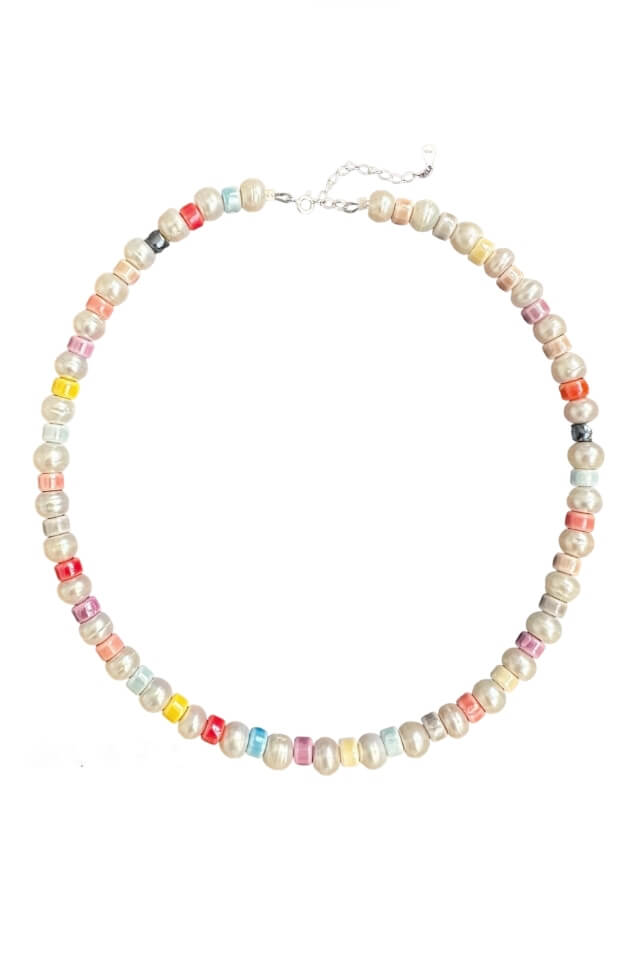 Colier din perle naturale si margele colorate din portelan