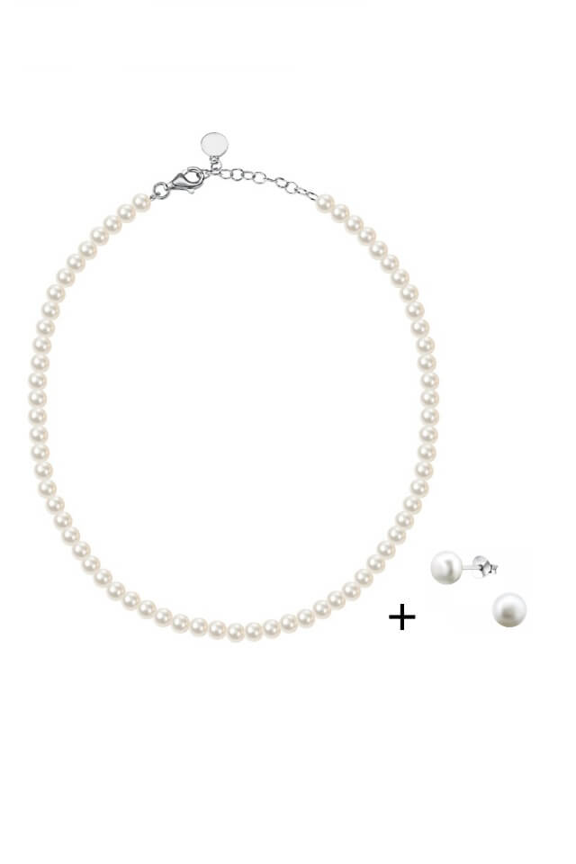 Set colier la baza gatului din perle naturale de cultura albe, 6 mm cu accesorii din Argint 925 si cercei cu perla naturala de 6 mm