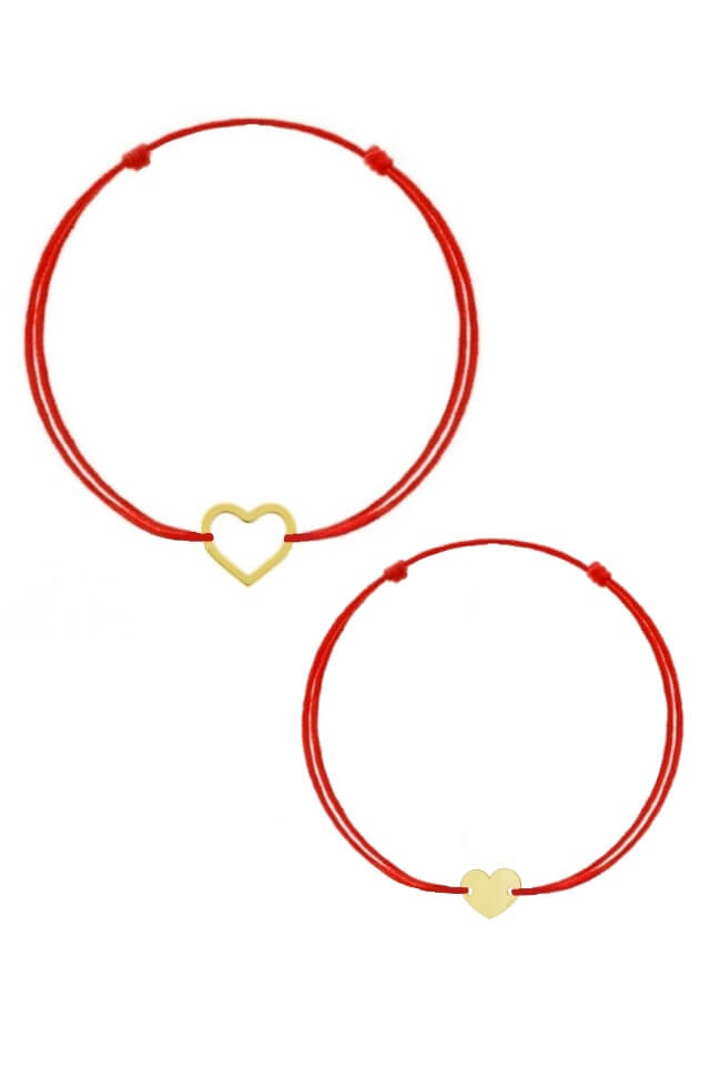 Set 2 bratari cu snur rosu pentru mama si copil cu pandantive din Aur 14k in forma de inimi