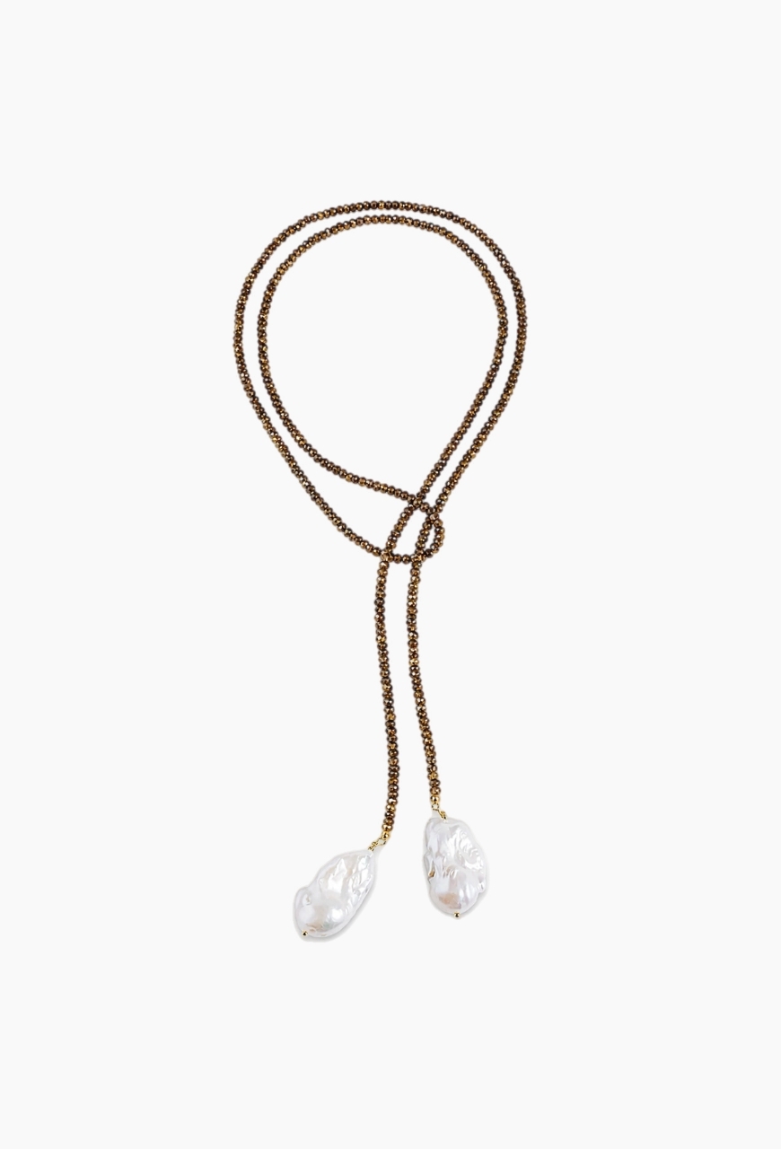 Colier lung Fantasy din pirita aurie si perle naturale